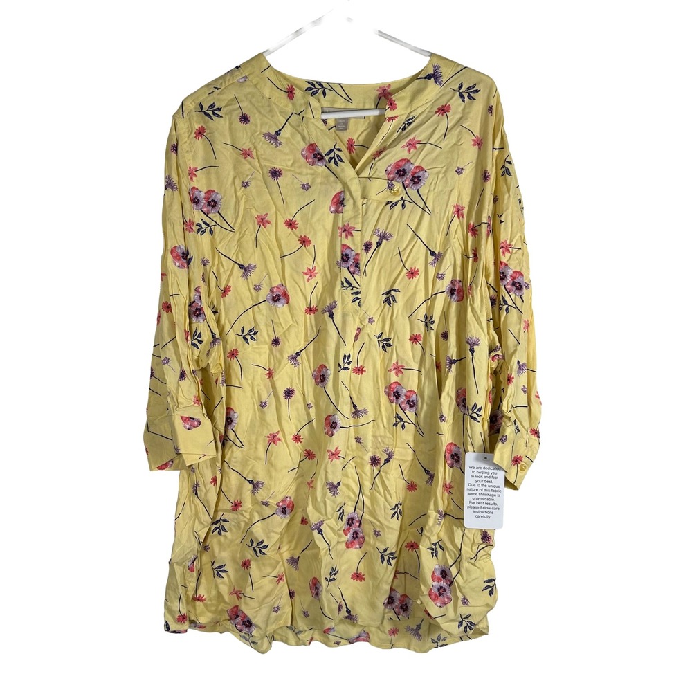 NWT Woman Within Womens 2X Yellow Floral Rayon Split Neck Tunic Top 26/28